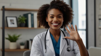 Happy black doctor waving while greeting someone during video call from her office