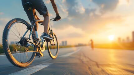 Obraz premium Cyclist riding bike on road during beautiful sunset. Healthy lifestyle, outdoor activity, and fitness concept with cityscape background.