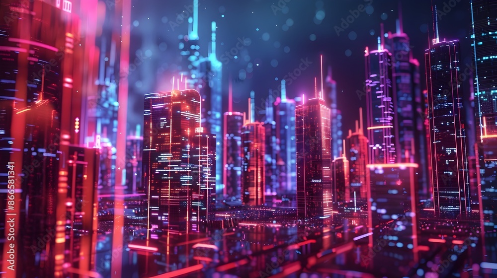 Wall mural neon-lit futuristic city with holographic bankruptcy and foreclosure signage