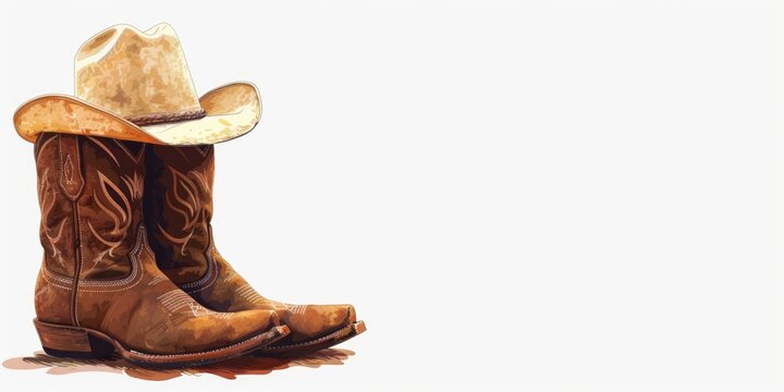 Two cowboy boots and a hat are on a white background