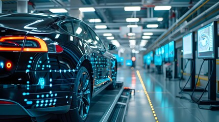 Modern electric car in a high-tech manufacturing facility showcasing advanced technology and robotics in automotive production.