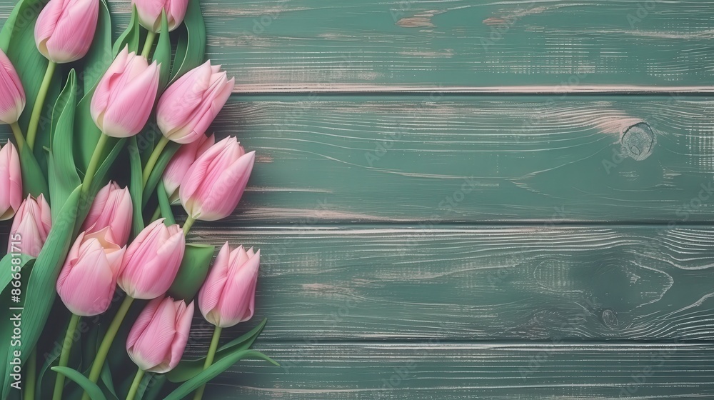 Poster pink tulips on a green wooden background