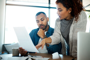 Discussion, financial budget or couple with invoice paperwork, taxes documents or investment...