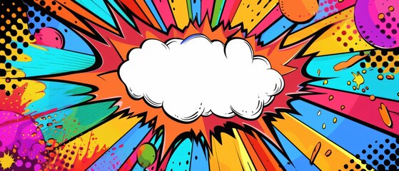 Fototapeta premium Vivid comic explosion with blank speech bubble, surrounded by bright patterns