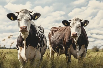 A pair of black and white cows stand together in a lush green field, with a serene blue sky dotted with gentle clouds in the background, embodying pastoral tranquility.