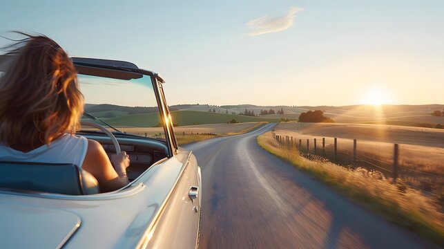 Woman driving convertible on open road during sunset, enjoying freedom and scenic countryside view.