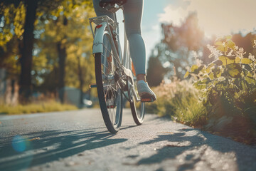 Obraz premium A detailed shot of a person riding a bicycle through a scenic countryside, capturing the joy of outdoor activities and nature 