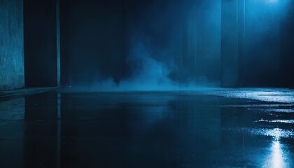 Naklejka premium The dark stage shows, empty dark blue scene background, neon light, and spotlights The asphalt floor and studio room with smoke float up the interior texture for display products.
