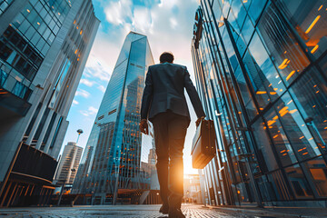 A high-quality image of a business professional walking in the city, holding a briefcase, with a modern skyscraper in the background