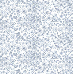 Pattern of small blue flowers on a transparent background, in vintage style, for production, wallpaper, fabric, packaging.