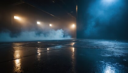 The dark stage shows, empty dark blue scene background, neon light, and spotlights The asphalt floor and studio room with smoke float up the interior texture for display products.