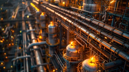 A detailed view of an illuminated industrial facility with numerous pipelines and storage tanks during nighttime.