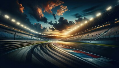 empty race track at twilight with the grandstand on the side, ready for a high-speed motorsport event.