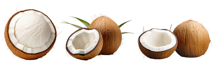 A group of four coconuts, some whole and some halved, isolated on a white background