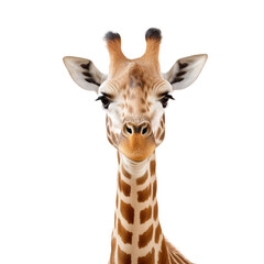 Obraz premium Close-up portrait of a curious giraffe with unique skin pattern on a white background. Long neck and expressive eyes show gentle nature