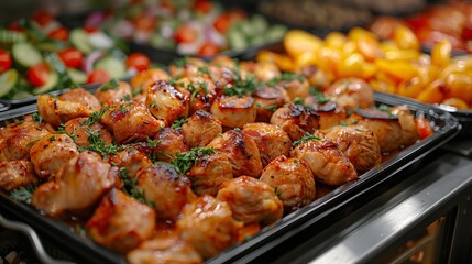 Close-up of succulent grilled chicken pieces garnished with fresh herbs on a serving tray at a buffet. In the background, an assortment of colorful vegetable dishes