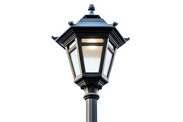 Classic street lamp glowing at dusk, elegant metal lantern design, isolated on transparent background. Perfect for urban and vintage themes.