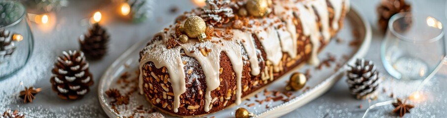 Festive Chocolate Loaf Cake With White Icing and Sprinkles for a Winter Holiday Gathering