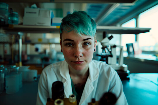 A young scientist with short blue hair sits in a well-lit laboratory while wearing a lab coat, highlighting her youthful enthusiasm and professionalism in scientific research.