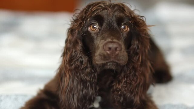 Young dark brown English Cocker Spaniel, close-up portrait. Young dark brown English Cocker Spaniel on the bed. A playful English Cocker Spaniel puppy looks at the camera. Happy puppy, soft focus