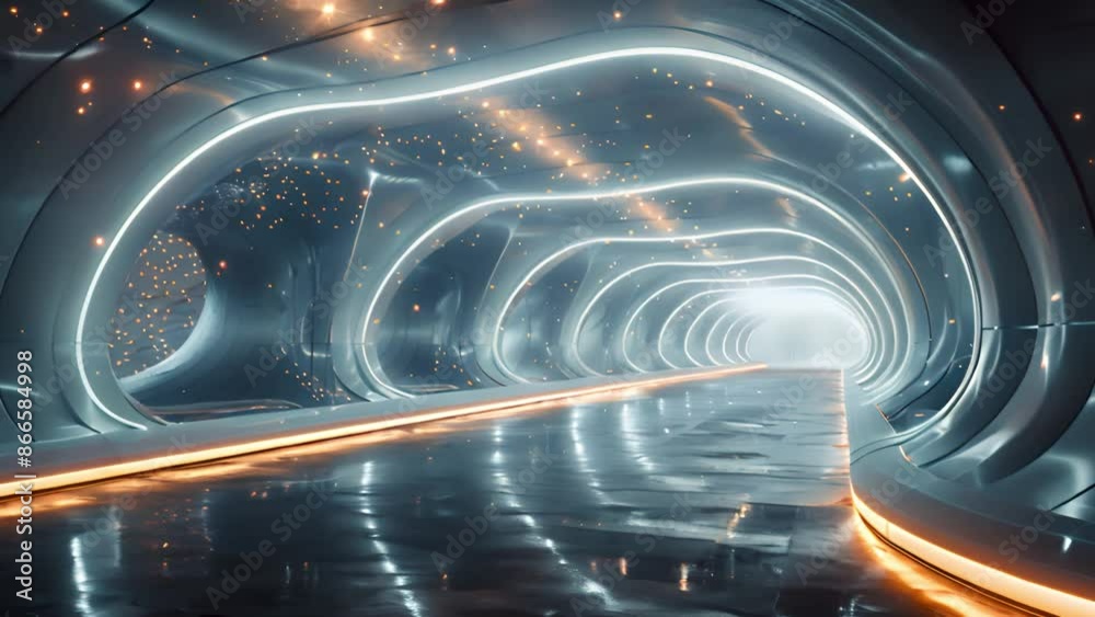 Poster A 3D rendering of a futuristic tunnel with neon lights and a starry sky ceiling. The tunnel is illuminated by a warm orange light, creating a sense of wonder and excitement.