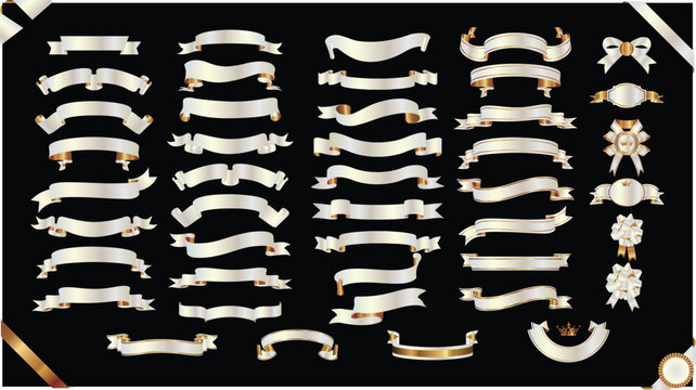 Gold and white ribbon and Bows vector set