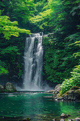 A scenic waterfall surrounded by lush green foliage, flowing into a serene pool below in a dense forest.