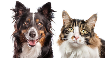 Obraz premium A friendly dog and a curious cat against a white background, emphasizing the contrast between their expressions and personalities with space for copy.