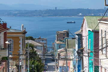 Colorful houses and panoramic view on Valparaiso, Chile from Concepcion Hill which is the center of street or urban art in neighborhoods like Alegre, Concepcion and Bellavista