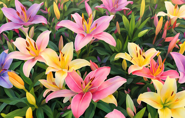 Fototapeta premium Spring, warm sun, morning, acrylic digital illustration, lots of lilies in the garden, close up of one or two, pink, yellow, blue, red, green, orange, purple, film footage, bird's eye view