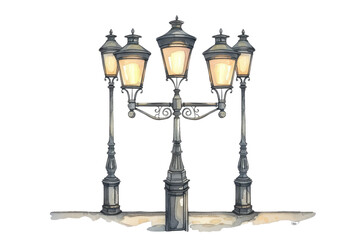 Obraz premium Illustration of vintage street lamp with five glowing lights, perfect for urban, historical, and architectural themes.