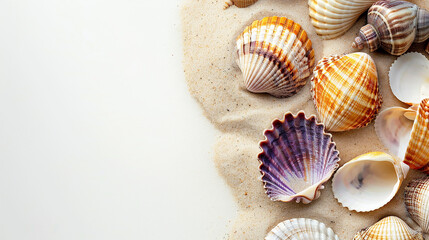 A variety of seashells arranged on the sand with a white background, providing a natural and serene coastal scene with copy space.