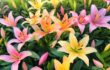 Spring, warm sun, morning, acrylic digital illustration, lots of lilies in the garden, close up of one or two, pink, yellow, blue, red, green, orange, purple, film footage, bird's eye view