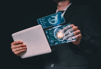 Businessman software development concepts and programming for various devices and synchronize...
