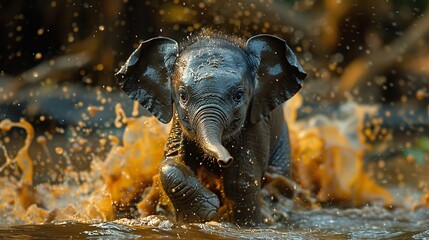 Playful Thai Elephant Calf Splashing in Muddy Pond - Vibrant and Realistic Wildlife Photography with Detailed Textures