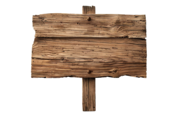 Rustic wooden signboard isolated on transparent background. Weathered blank wood plank for text, ideal for vintage designs and natural themes.