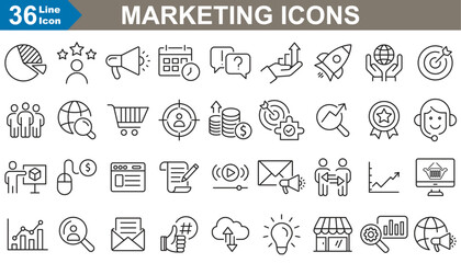 Marketing web icons set collection. e commerce, seo, analytics, content, growth, product, Influences and social media. perfect vector illustration
