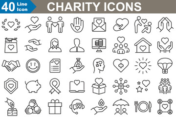 Charity line icons set. care, community, hands, hearts, donation, giving, help and more simple vector illustration icons.
