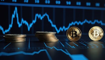 Gold 3D coins of Bitcoin, BNB and Ethereum on a gold blurred background with cryptocurrency graph