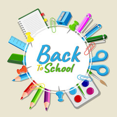Back to School Round Design with School Supplies and Lettering on Brown Background. Vector Illustration Concept Banner Education with Pen, Pencil, Ruler, Notepad, Paperclip, Paint, Brush, Sharpener.