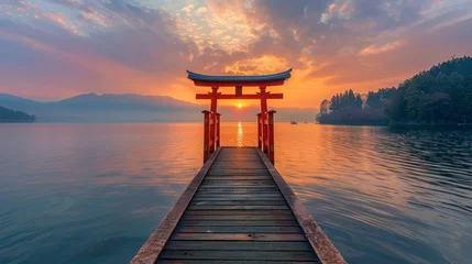 Selbstklebende Fototapeten nice pier with Torii Gate at the end in the middle of a lake and a beautiful sunset © Marco