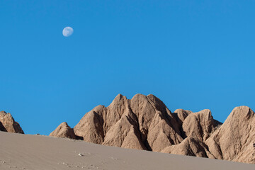 Valle de la Luna (Valley of the Moon) with stone, sand and salt formations carved by wind and water...