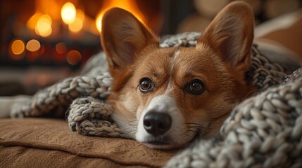 Cozy Evening with a Content Corgi - Warm and Inviting Indoor Setting by the Fireplace in Lifestyle Photography with 50mm f/1.4 Lens