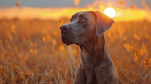 Majestic Great Dane Enjoying Sunset in Serene Open Field Landscape - Calm and Peaceful Animal Photography with 24-70mm Lens
