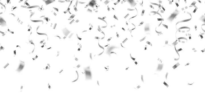 Realistic silver falling confetti and streamers on transparent background, decorative seamless pattern