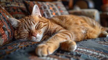 Peaceful Cat Nap on Cozy Sofa - Domestic Feline Resting Surrounded by Decorative Cushions in Comfortable Home Setting