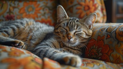 Relaxed Cat Napping on Stylish Armchair with Decorative Pillows in Cozy Home Setting