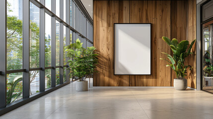 Modern office interior with blank canvas on wooden wall, large windows, and potted plants. Empty space for design mockup, advertising, or artwork display.