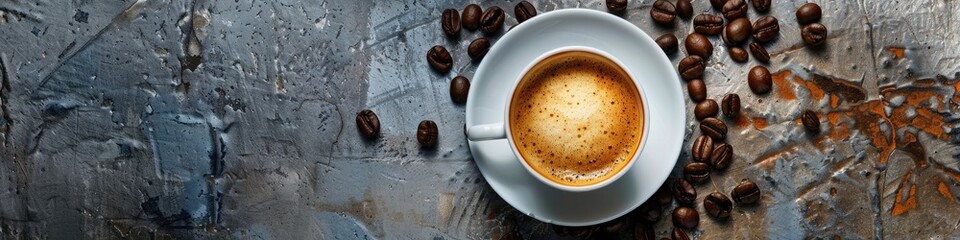 Fototapeta premium cup of coffee on concrete table and coffee beans. Selective focus