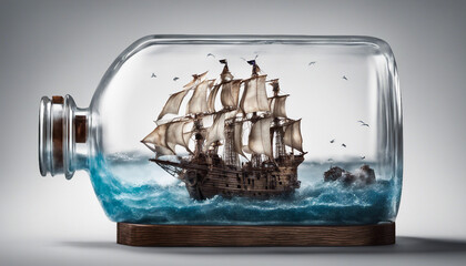 pirate ship floating at ocean horizontally in a transparent glass bottle, isolated white background
